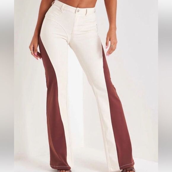 EGO Shea High Waist Panel Detail Straight Leg Trousers In Brown And Cream Nude - Picture 2 of 12